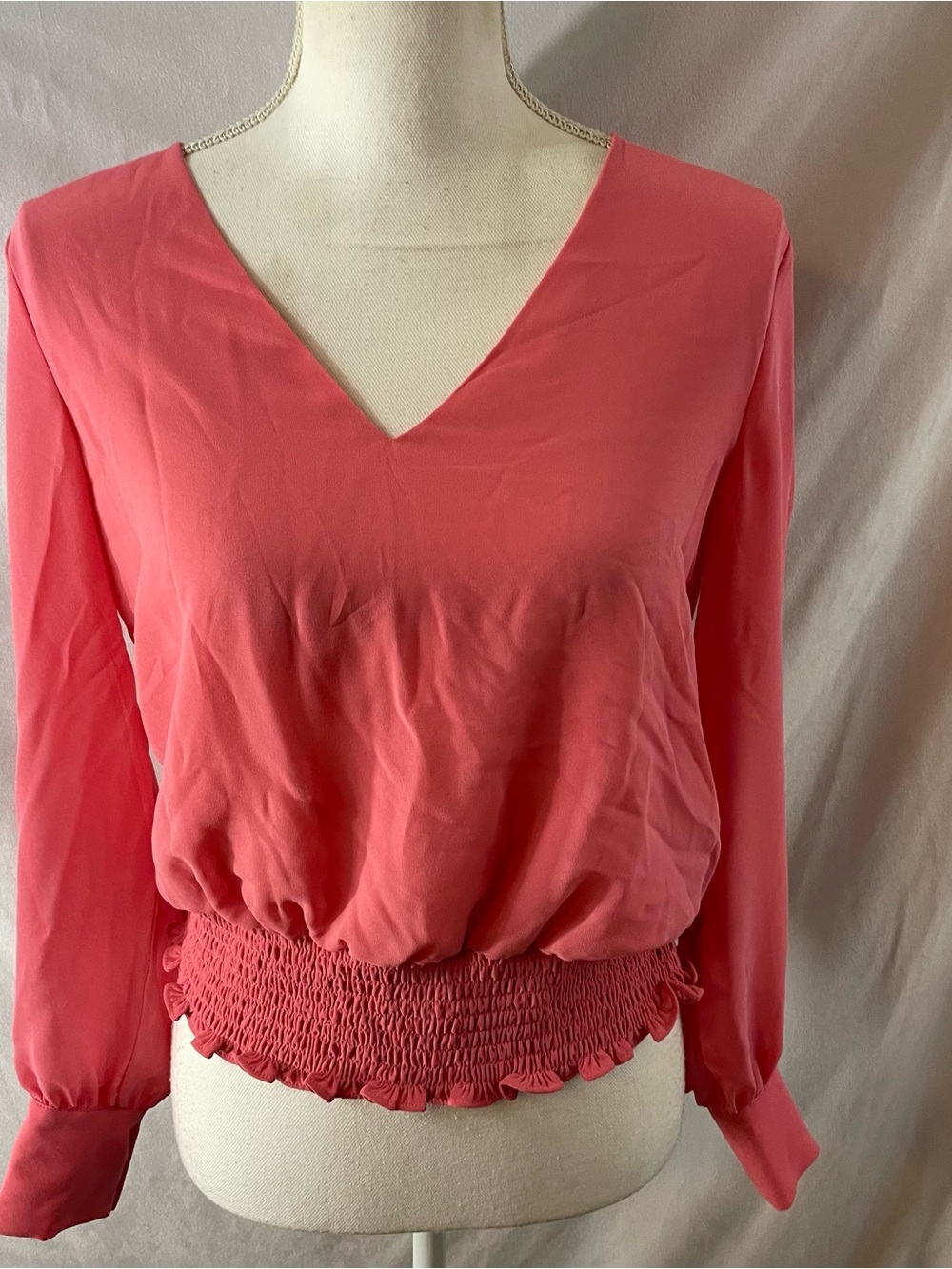 STATE Coral Pink V-Neck Long Sleeve Smocked Hem Blouse